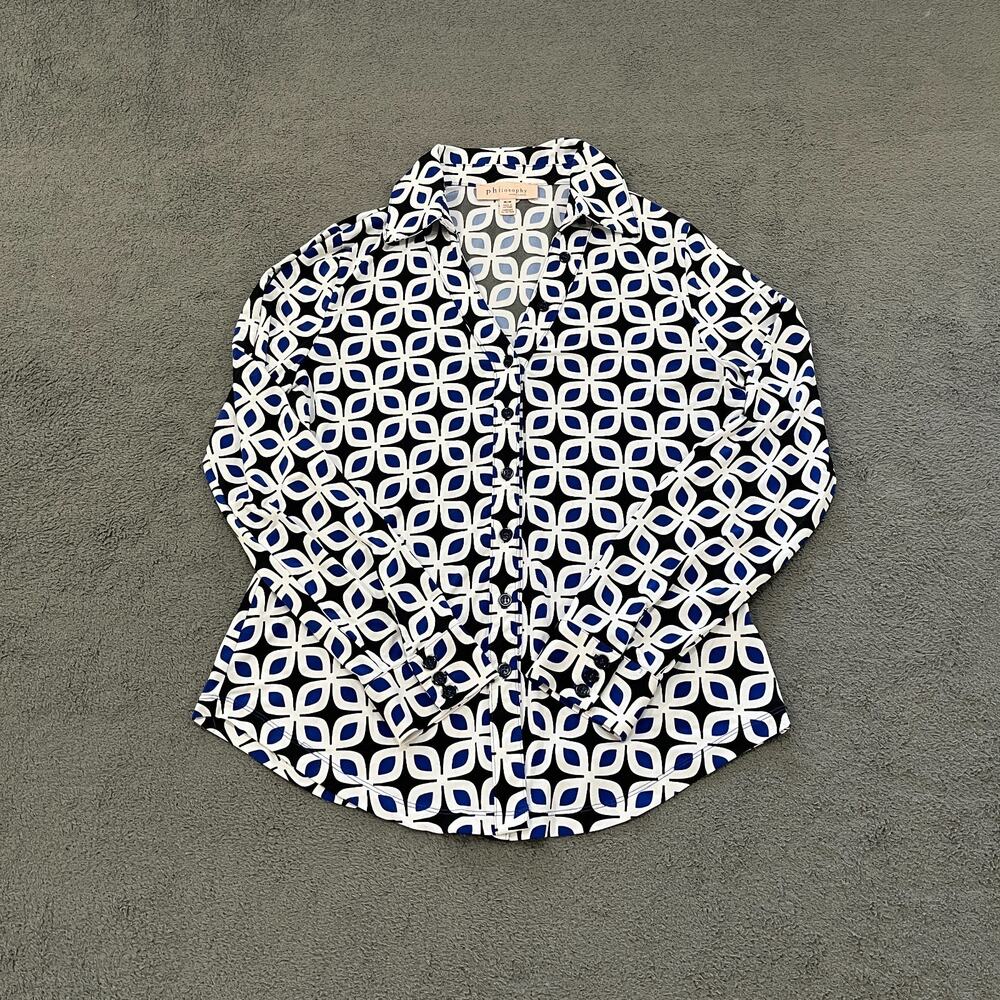 Philosophy Black Blue White Button Down Blouse Long Sleeve Women's Size Medium